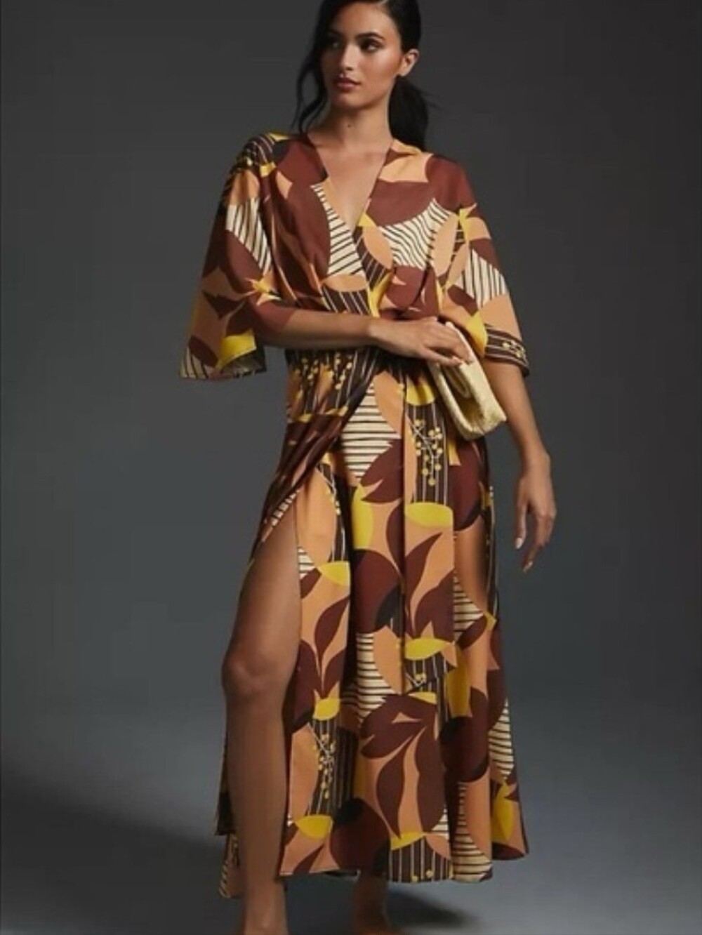 Hutch Anthropologie Abstract Brown Yellow Wrap Maxi Dress Kimono Sleeve Size Sma